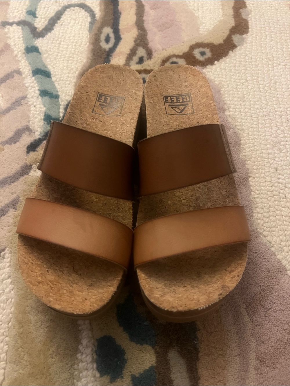 New Women's Reef Brown Double-Strap Cork Slide Sandals